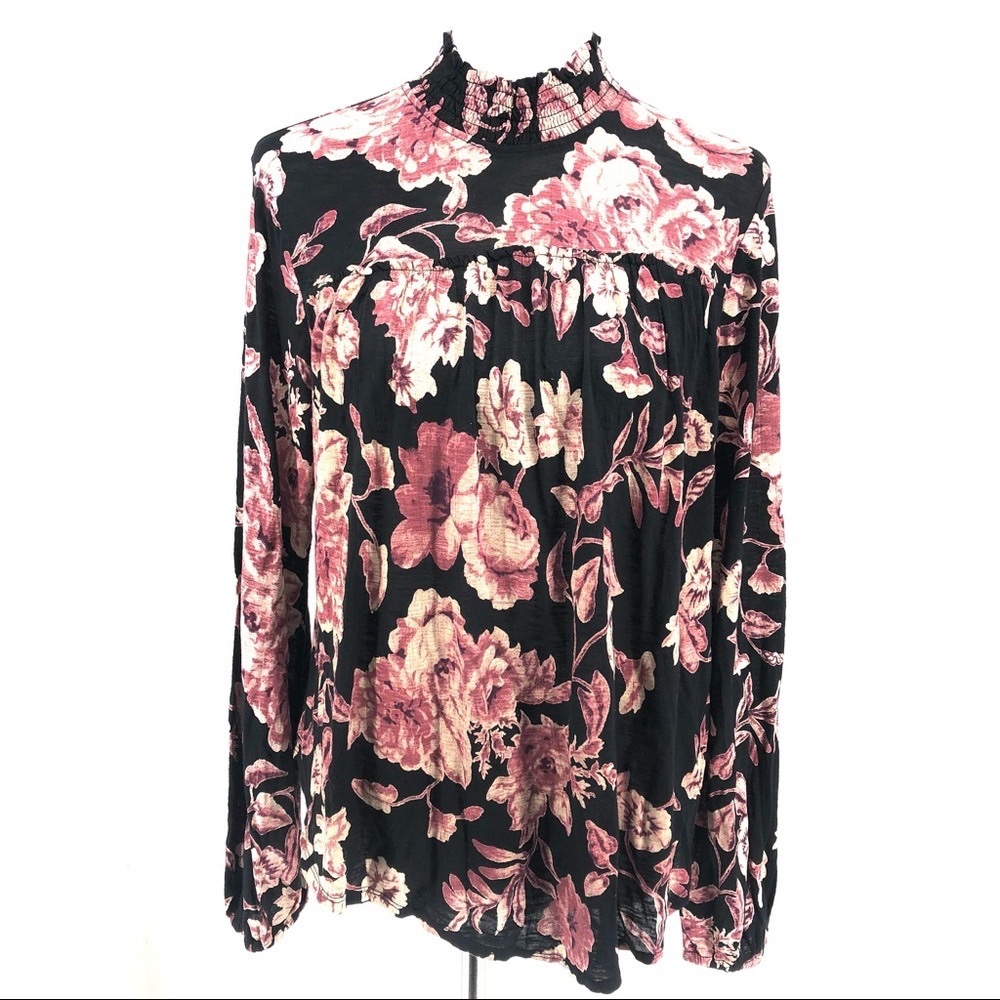 Lucky Brand Black & Pink Floral Long Sleeve Smocked Mock Neck Blouse